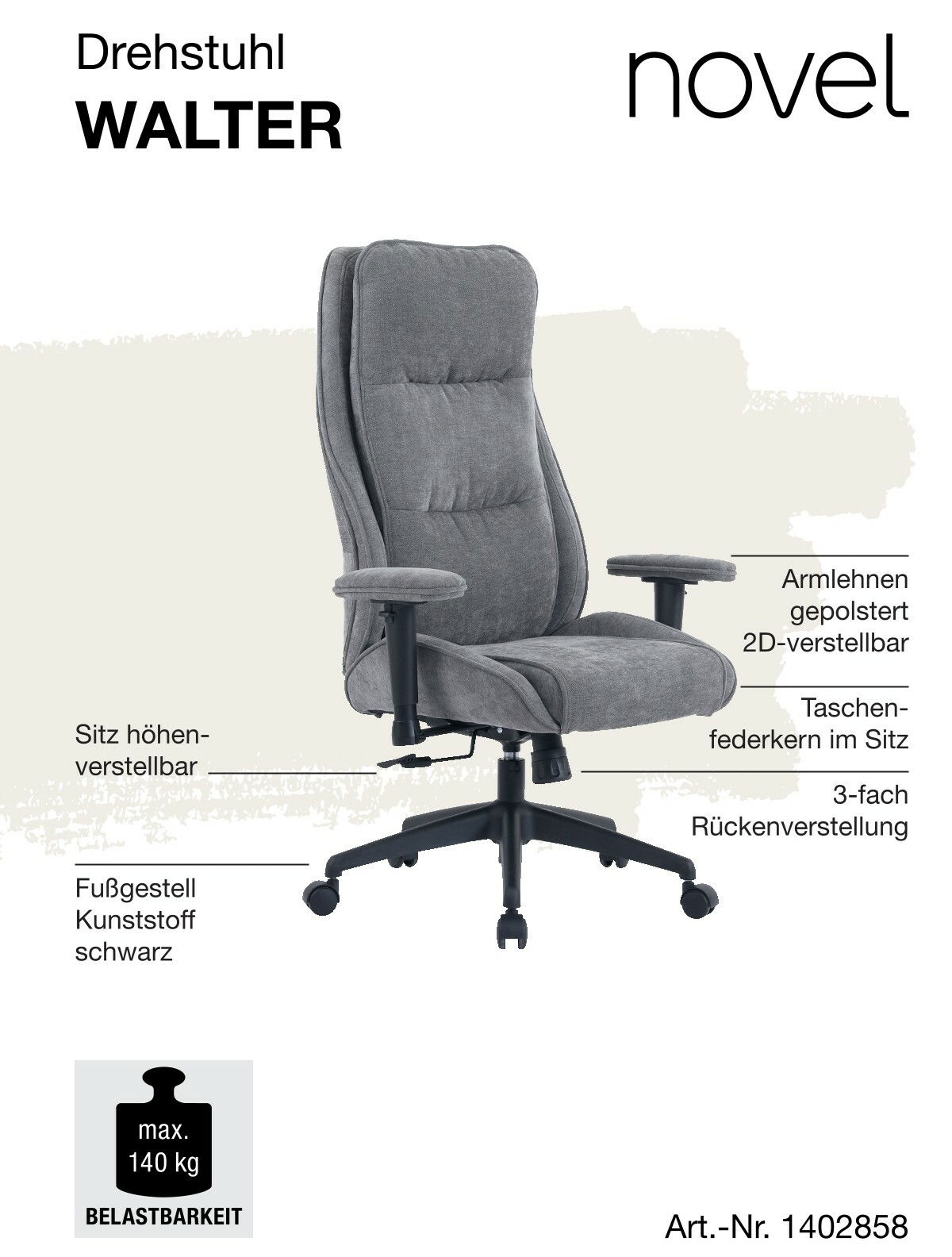 Grauer Homeoffice Drehstuhl mit gepolsterten Armlehnen, höhenverstellbarem Sitz und schwarzem Kunststofffußgestell, seitliche Perspektive