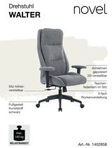 Grauer Homeoffice Drehstuhl mit gepolsterten Armlehnen, höhenverstellbarem Sitz und schwarzem Kunststofffußgestell, seitliche Perspektive