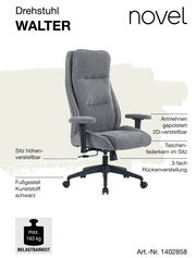 Grauer Homeoffice Drehstuhl mit gepolsterten Armlehnen, höhenverstellbarem Sitz und schwarzem Kunststofffußgestell, seitliche Perspektive