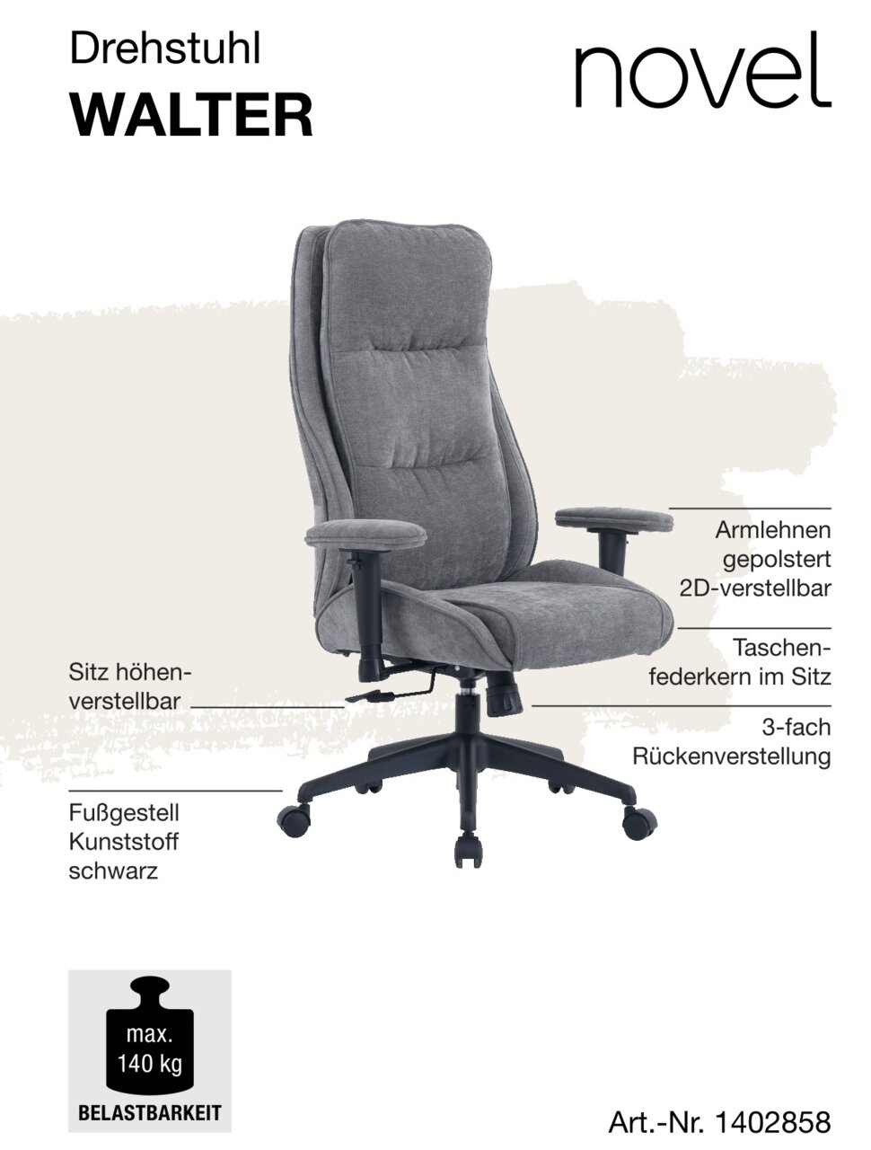 Grauer Homeoffice Drehstuhl mit gepolsterten Armlehnen, höhenverstellbarem Sitz und schwarzem Kunststofffußgestell, seitliche Perspektive