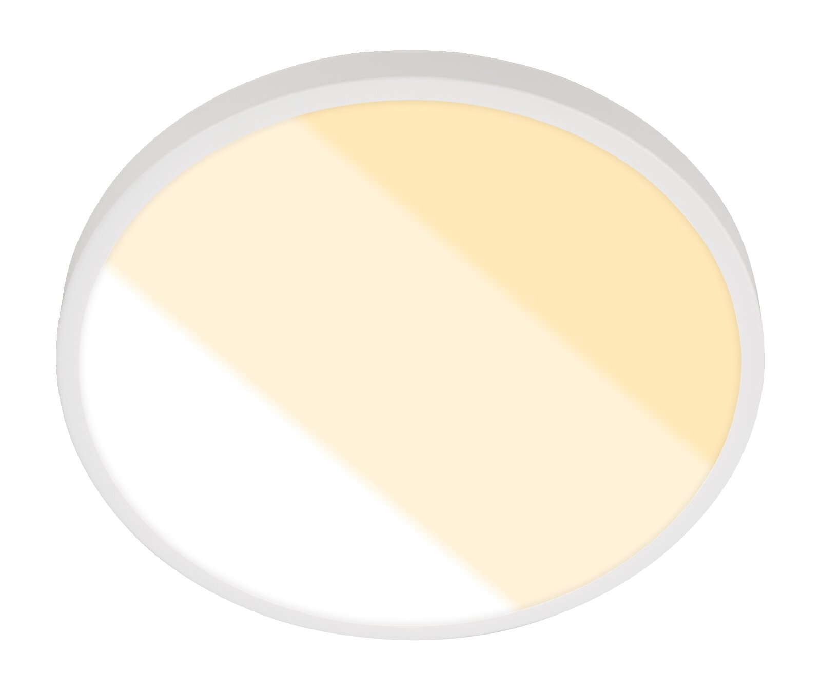 Ronde plafondlamp met wit frame en warmwitte lichtdiffusor, van bovenaf/frontaal gezien op witte achtergrond