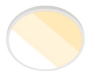 Ronde plafondlamp met wit frame en warmwitte lichtdiffusor, van bovenaf/frontaal gezien op witte achtergrond