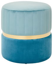 Runder, zweifarbiger Hocker in Hellblau und Dunkelblau mit goldener Zierleiste, seitliche Perspektive