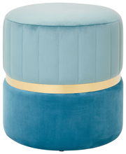 Runder, zweifarbiger Hocker in Hellblau und Dunkelblau mit goldener Zierleiste, seitliche Perspektive