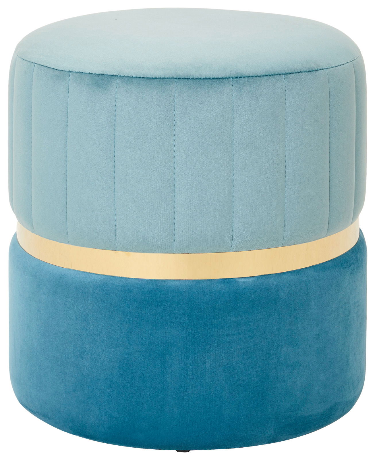Runder, zweifarbiger Hocker in Hellblau und Dunkelblau mit goldener Zierleiste, seitliche Perspektive