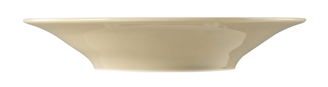 Zijaanzicht van een zandkleurig soepbord met een diameter van 22,5 cm.