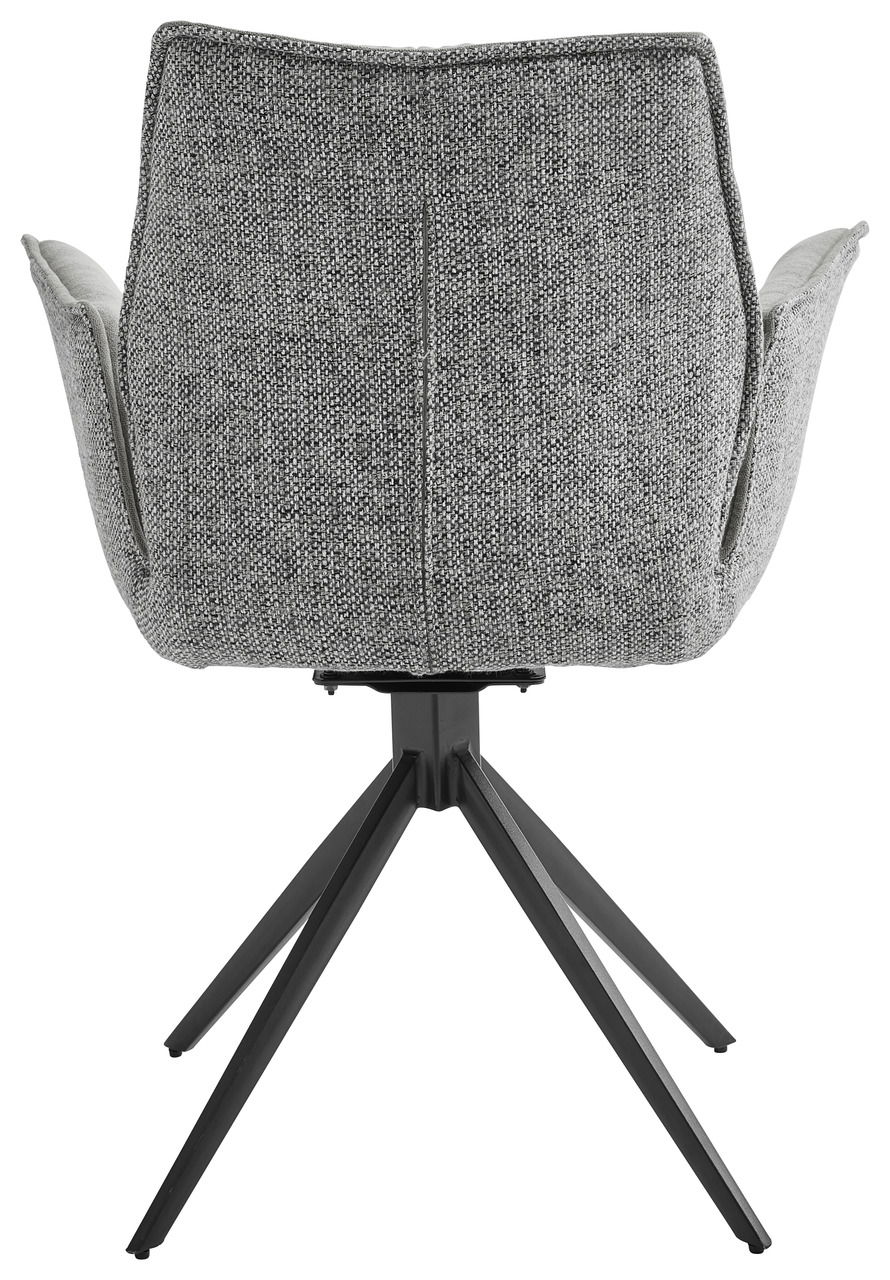 Rückansicht eines grauen Sessels mit schwarzem Metallgestell und vier Beinen.
