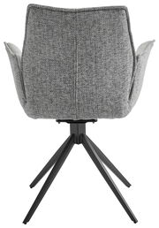 Rückansicht eines grauen Sessels mit schwarzem Metallgestell und vier Beinen.