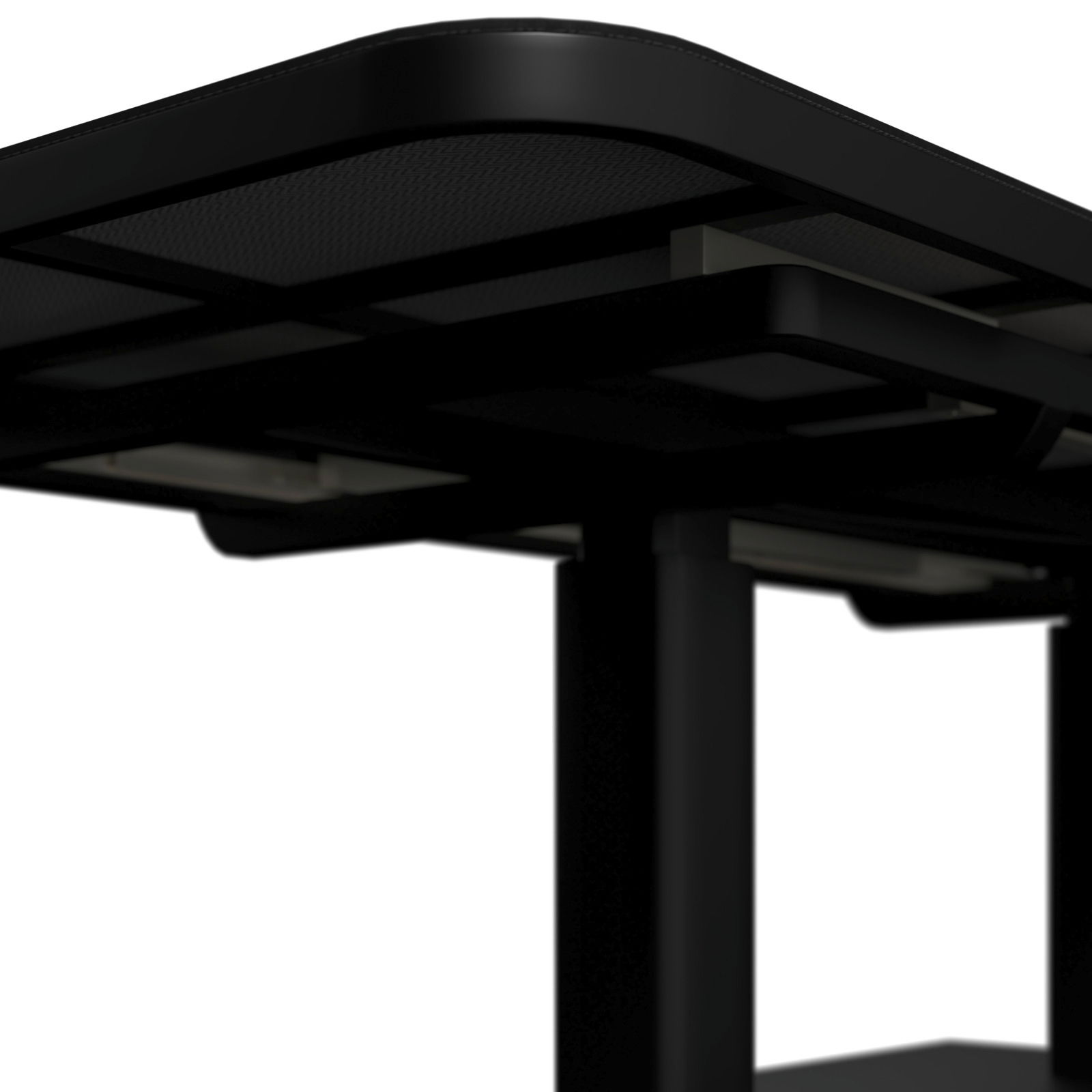 Nahaufnahme eines modernen schwarzen Gartentisches von unten, mit Fokus auf die Tischbeine und die Unterseite der Tischplatte.