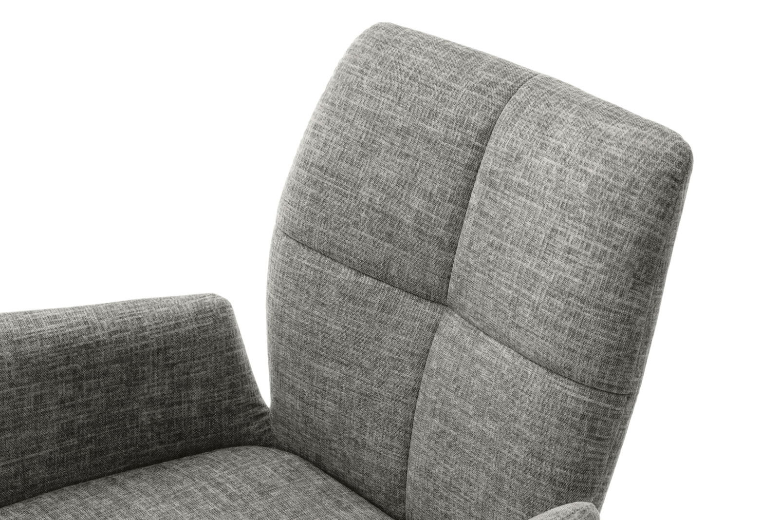 Grauer Sessel mit gepolsterter Rückenlehne und Armlehne, seitliche Perspektive