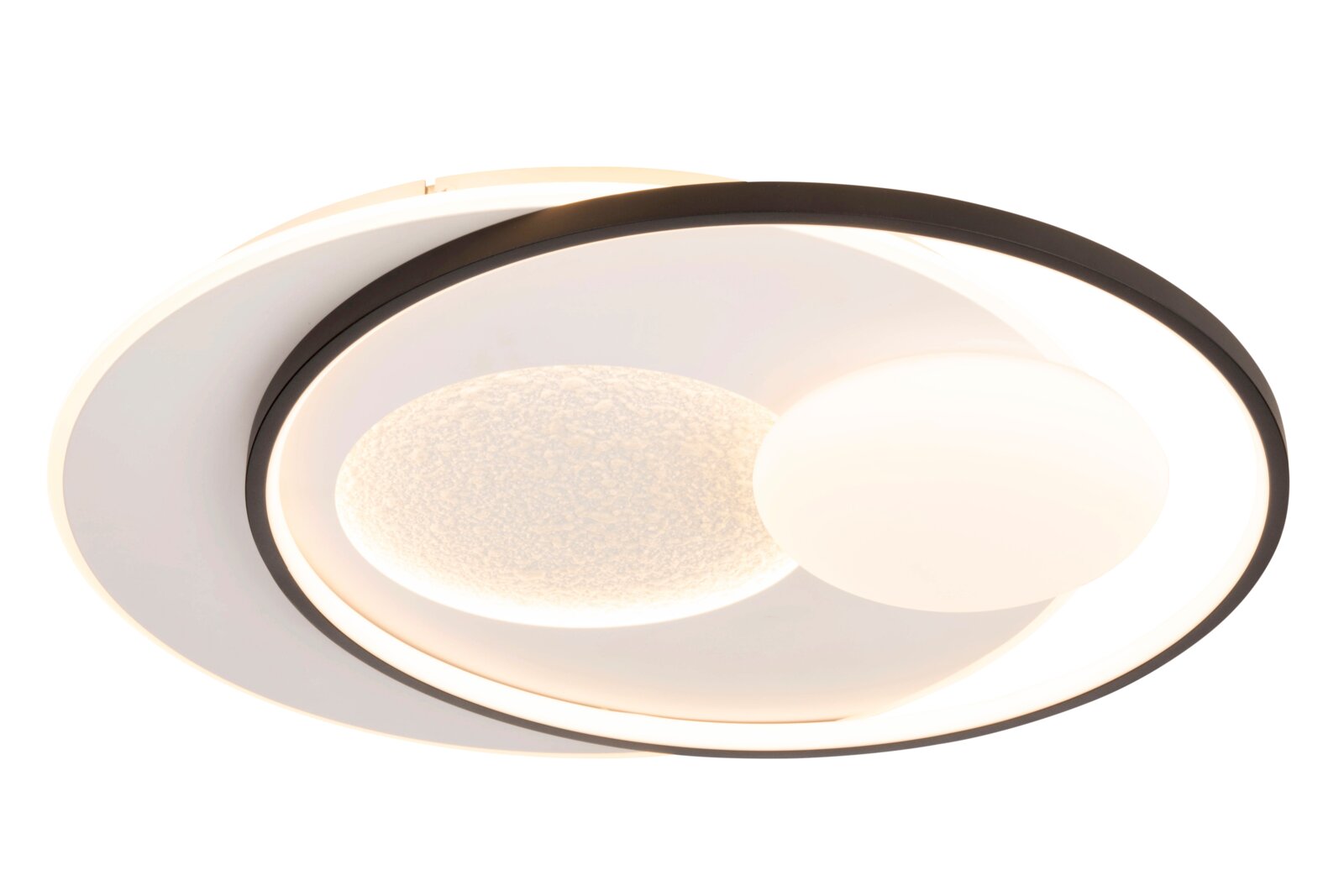 Moderne led-plafondlamp met cirkelvormig ontwerp, gezien vanaf de zijkant