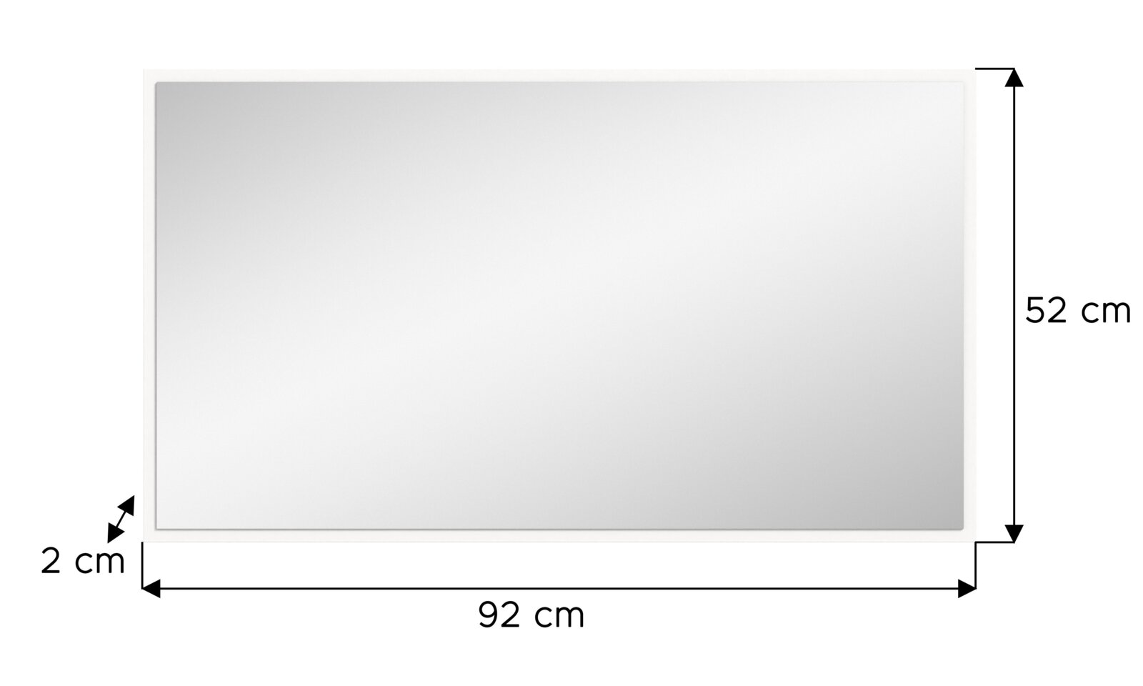 Rechteckiger Spiegel mit den Maßen 92 cm x 52 cm x 2 cm, frontal betrachtet.