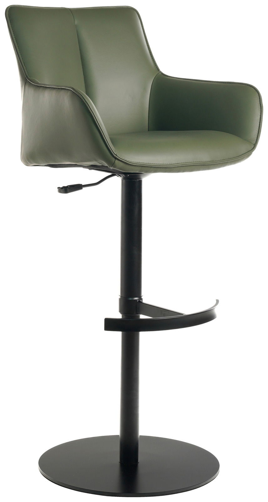 Moderner grüner Barhocker mit Armlehnen, schwarzem Standfuß und Fußstütze, seitliche Perspektive