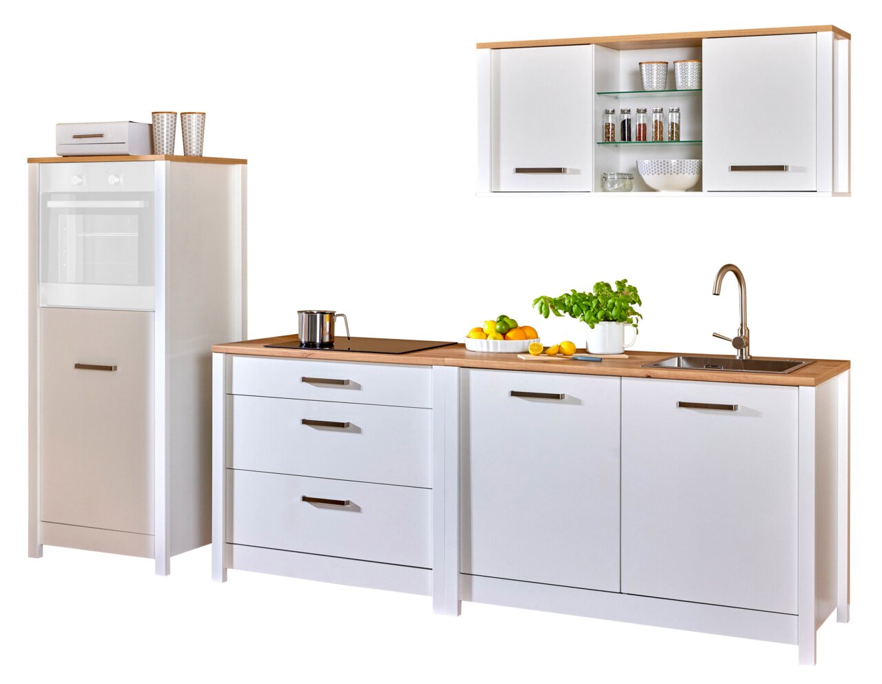 Modul-Küchenblock in moderner Perspektive mit weißem Design, Holzarbeitsplatte, integriertem Ofen, Schränken und Spüle.