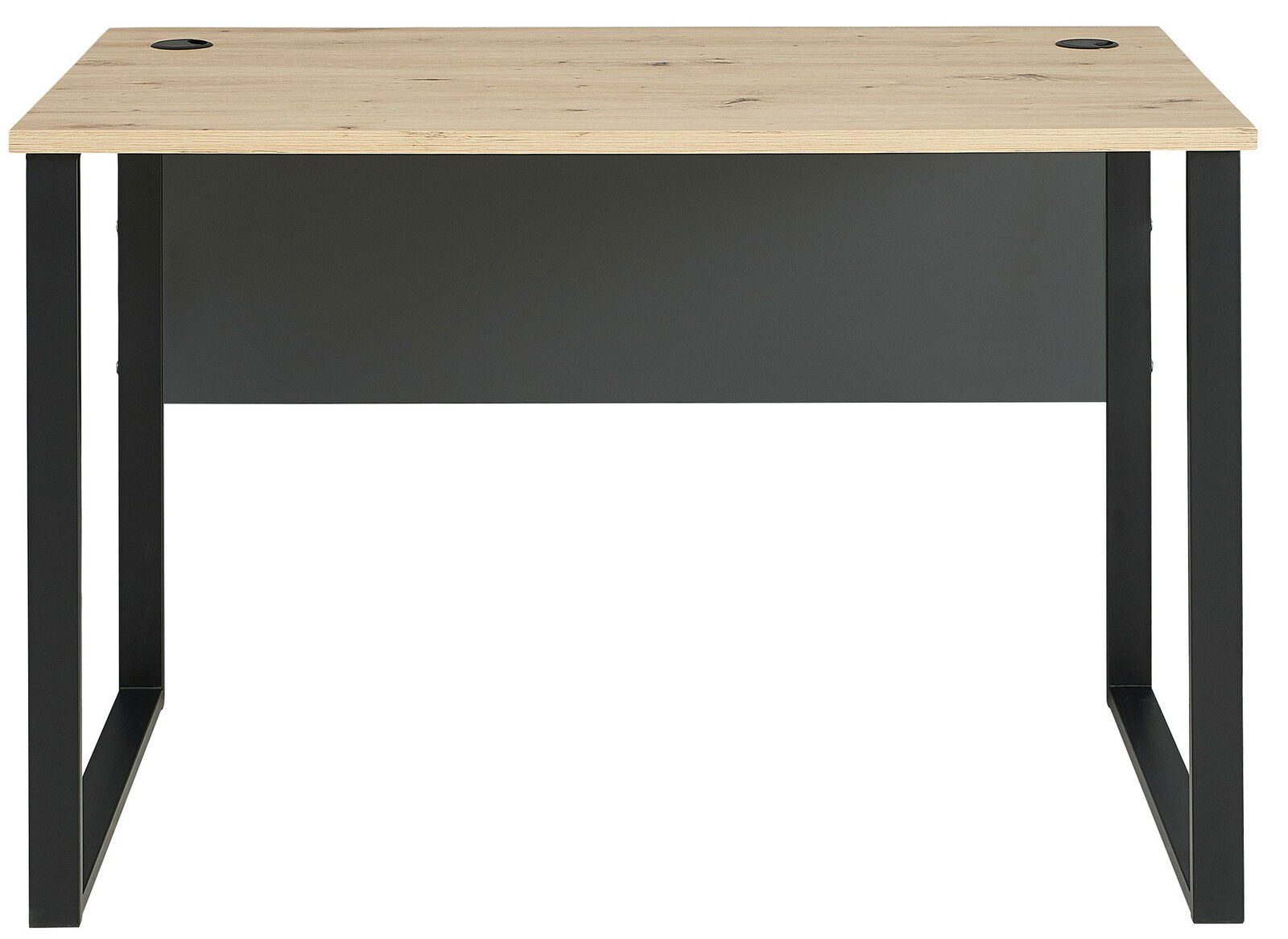 Schmaler Schreibtisch Voleo Detroit mit Holzplatte und schwarzen Metallbeinen, Frontalansicht