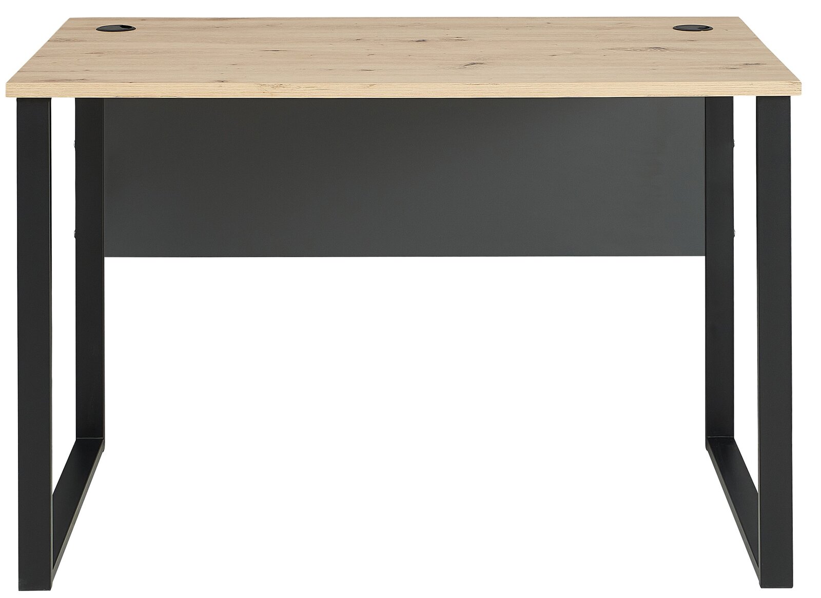 Schmaler Schreibtisch Voleo Detroit mit Holzplatte und schwarzen Metallbeinen, Frontalansicht