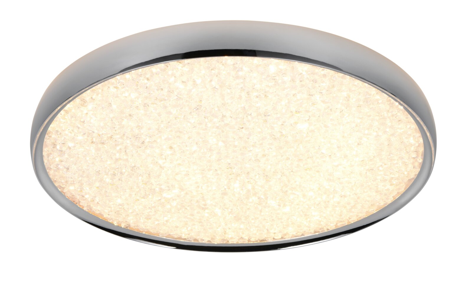 Runde LED-Deckenleuchte mit glänzendem Chromrand und funkelnder Kristalloptik, eingeschaltet in schräger Ansicht von unten