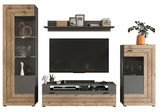 Wohnwandkombination in moderner Holz- und Graufarbkombination, bestehend aus einem großen TV-Schrank, zwei Vitrinen mit Glaseinsätzen und einem Wandregal. Frontalansicht.
