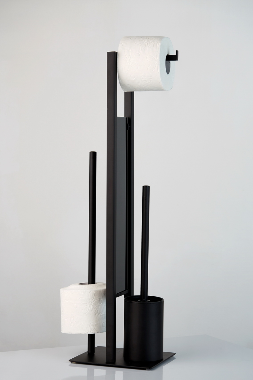 Schwarze Stand WC-Garnitur Rivalta mit Toilettenpapierhalter und Bürstenhalter, seitliche Perspektive