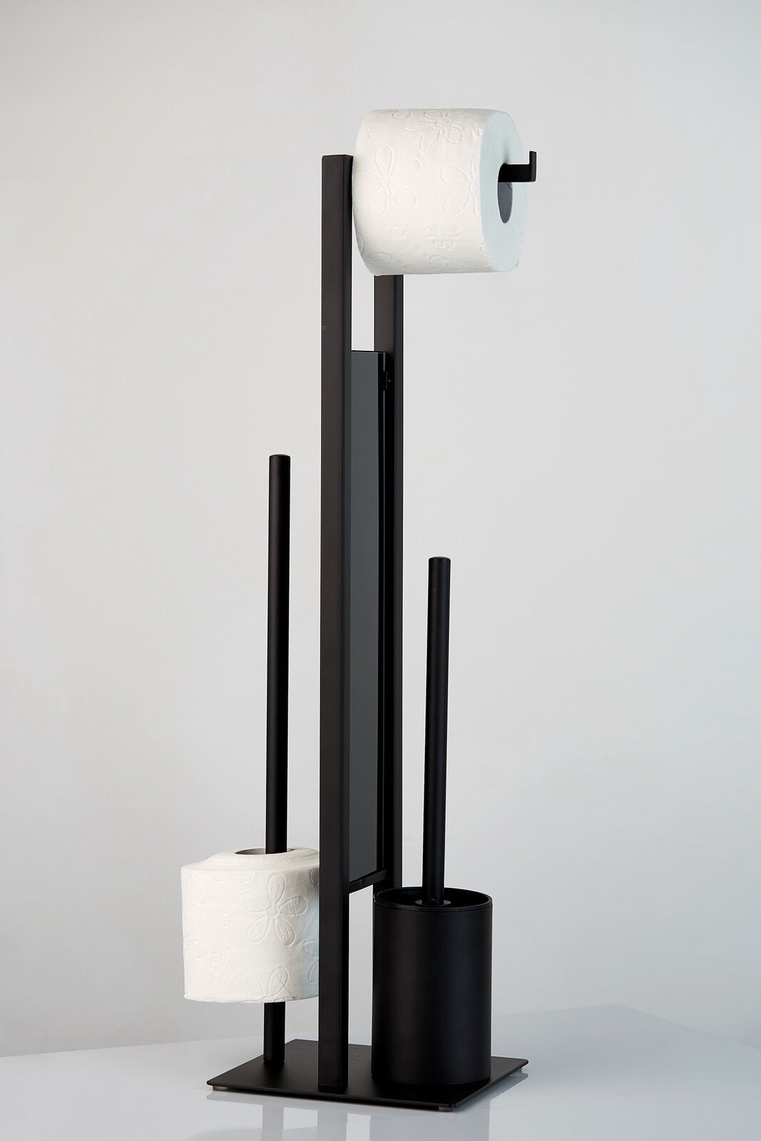 Schwarze Stand WC-Garnitur Rivalta mit Toilettenpapierhalter und Bürstenhalter, seitliche Perspektive