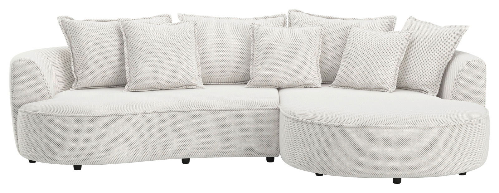 Rundecke Ottre in heller Farbe mit mehreren Kissen, frontal betrachtet