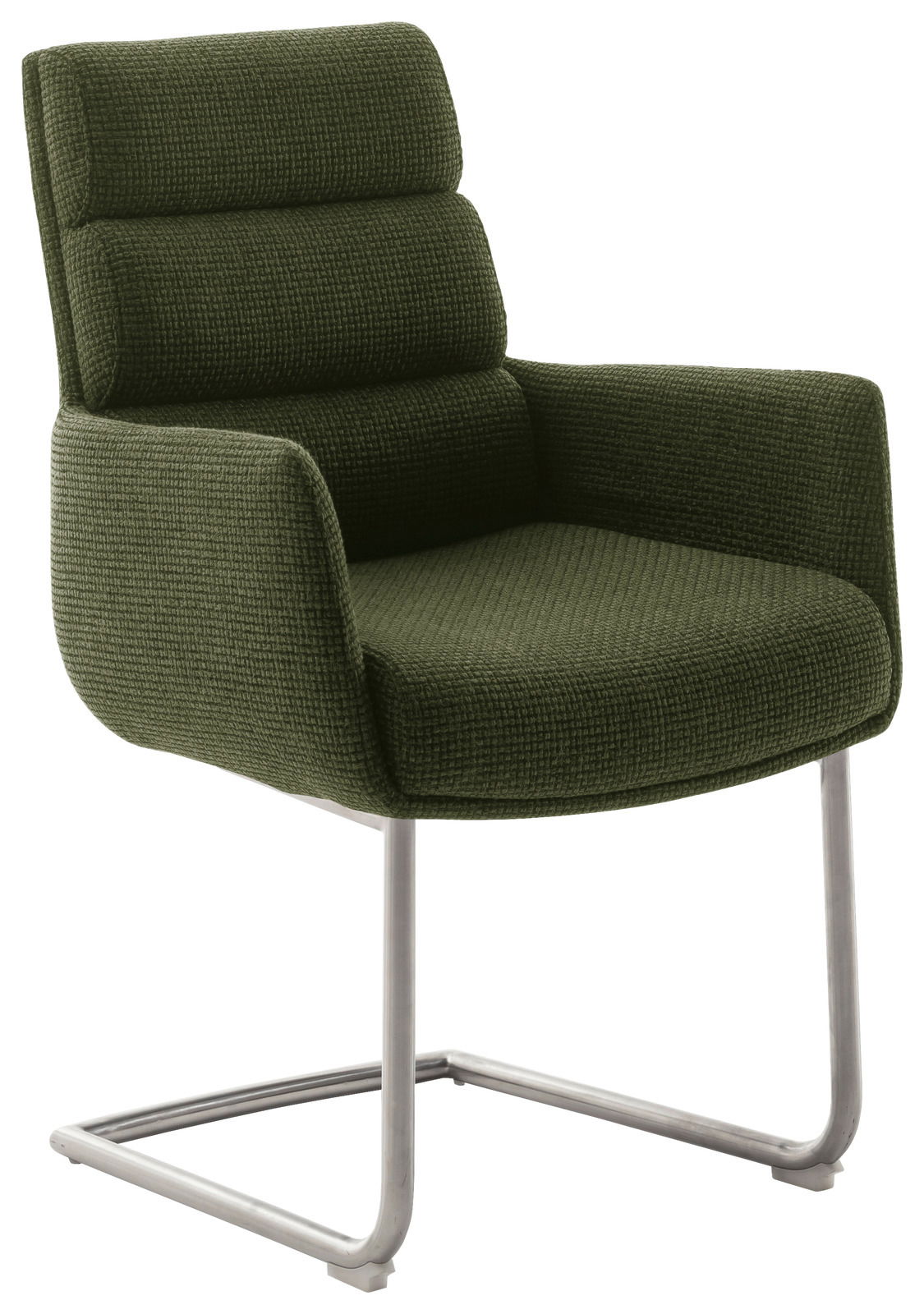 Grüner Freischwinger-Sessel mit Armlehnen und Metallgestell, seitliche Perspektive