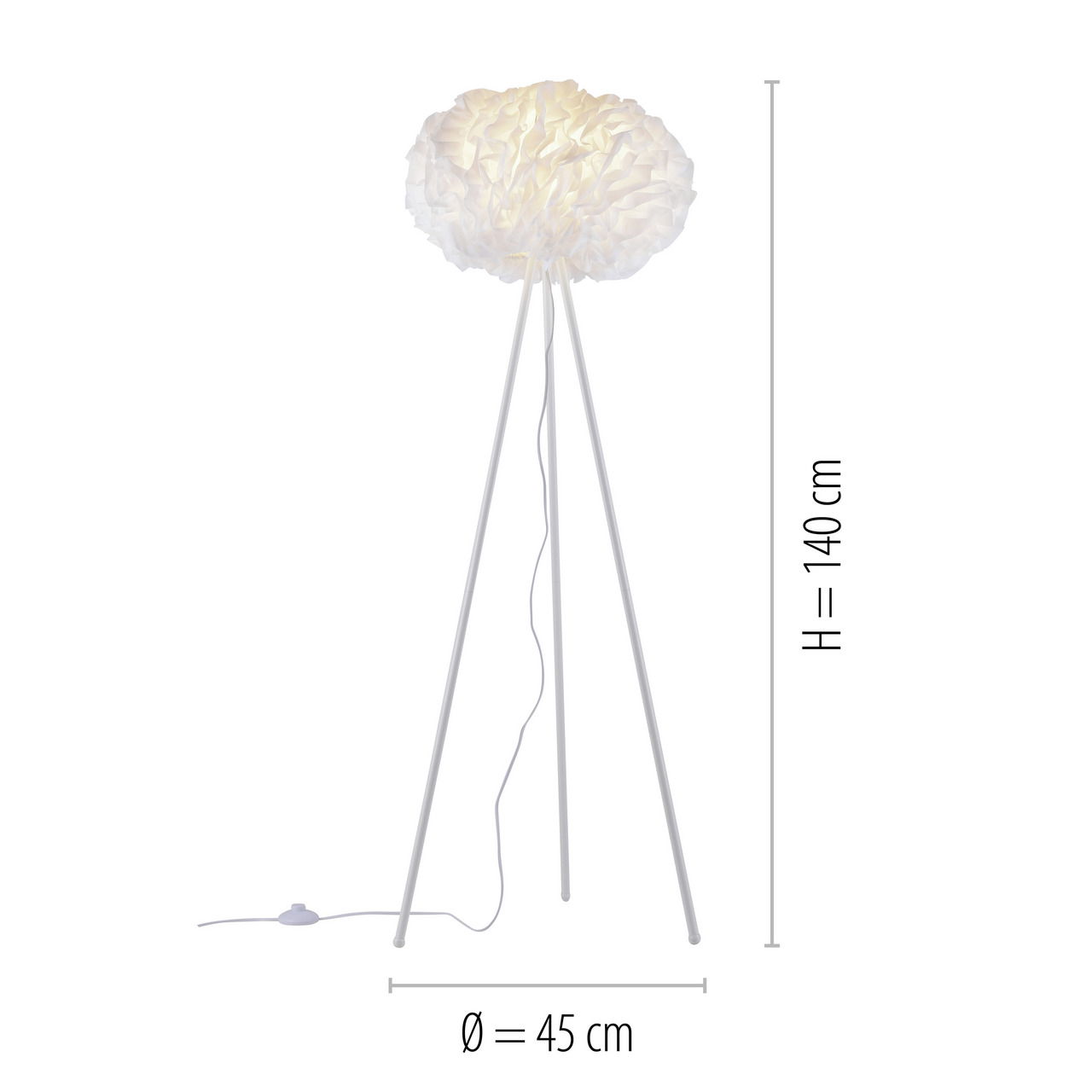 Stehleuchte LOLAsmart-NAOMI mit dreibeinigem Gestell und weißem, wolkenartigem Lampenschirm, Höhe 140 cm, Durchmesser 45 cm, seitliche Perspektive