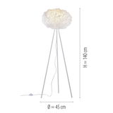 Stehleuchte LOLAsmart-NAOMI mit dreibeinigem Gestell und weißem, wolkenartigem Lampenschirm, Höhe 140 cm, Durchmesser 45 cm, seitliche Perspektive