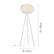 Stehleuchte LOLAsmart-NAOMI mit dreibeinigem Gestell und weißem, wolkenartigem Lampenschirm, Höhe 140 cm, Durchmesser 45 cm, seitliche Perspektive