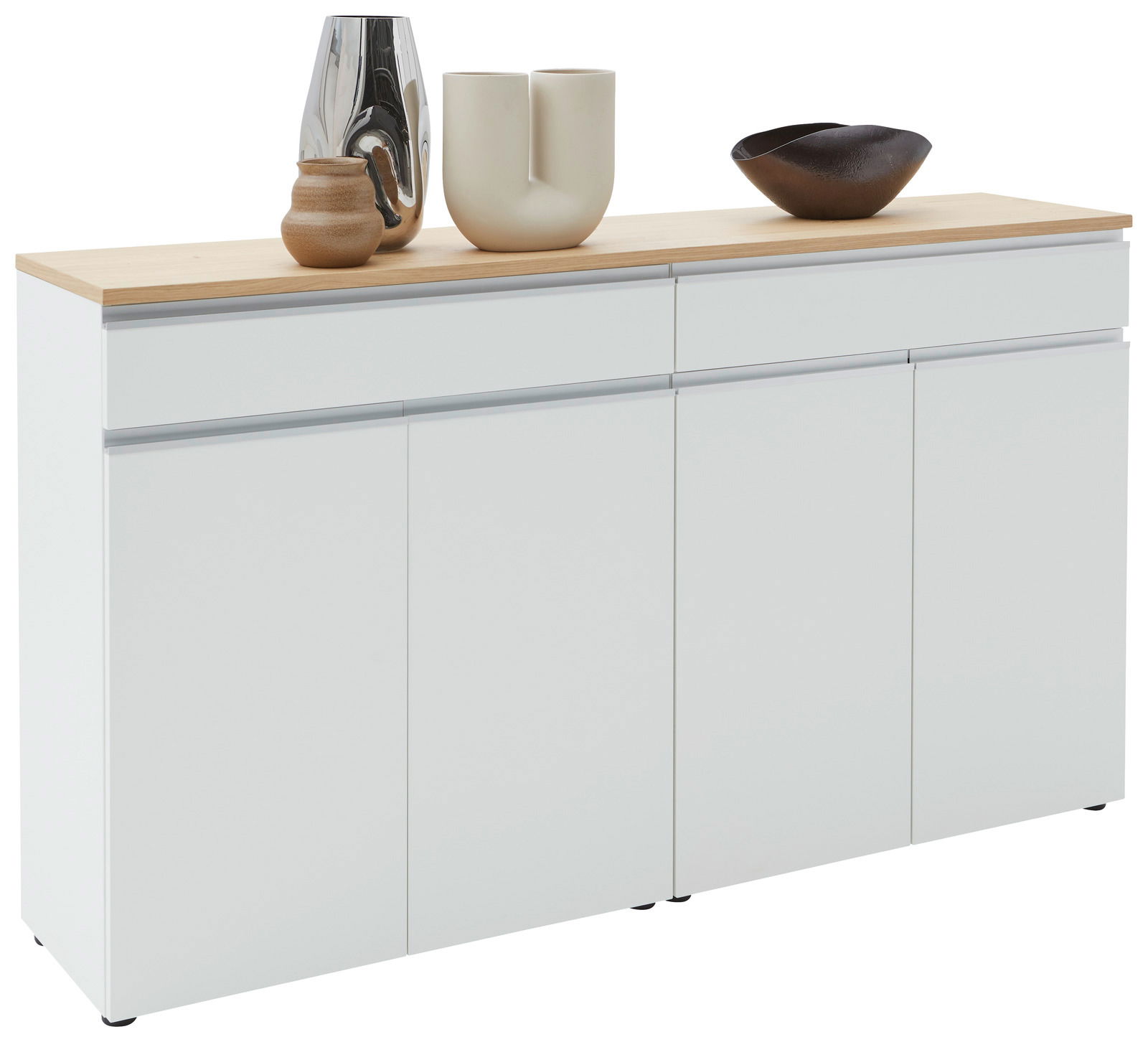 Dieter Knoll Sideboard LENDINA Weißes Sideboard mit Holzplatte, dekoriert mit modernen Vasen und Schale, seitliche Perspektive