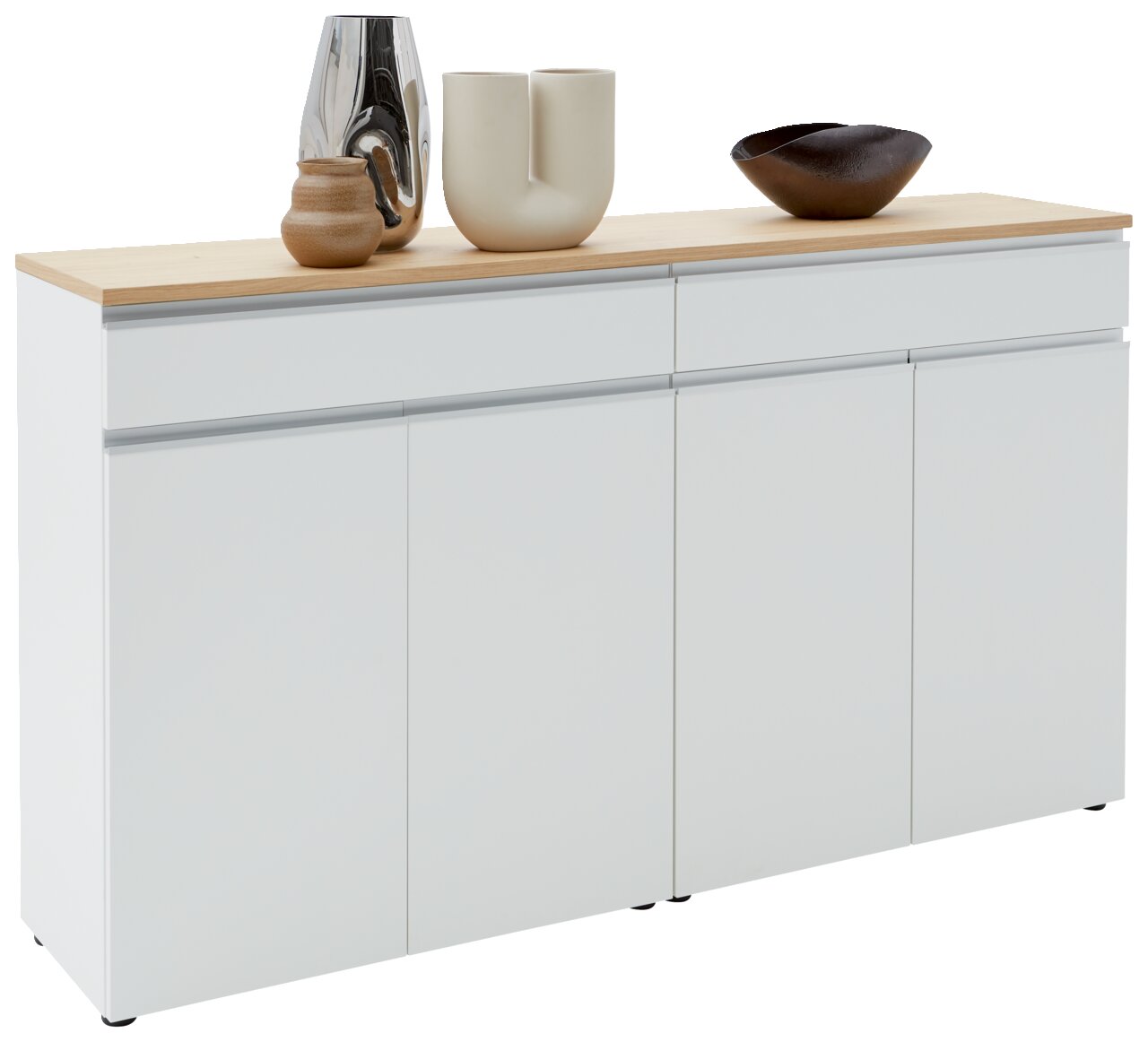 Dieter Knoll Sideboard LENDINA Weißes Sideboard mit Holzplatte, dekoriert mit modernen Vasen und Schale, seitliche Perspektive