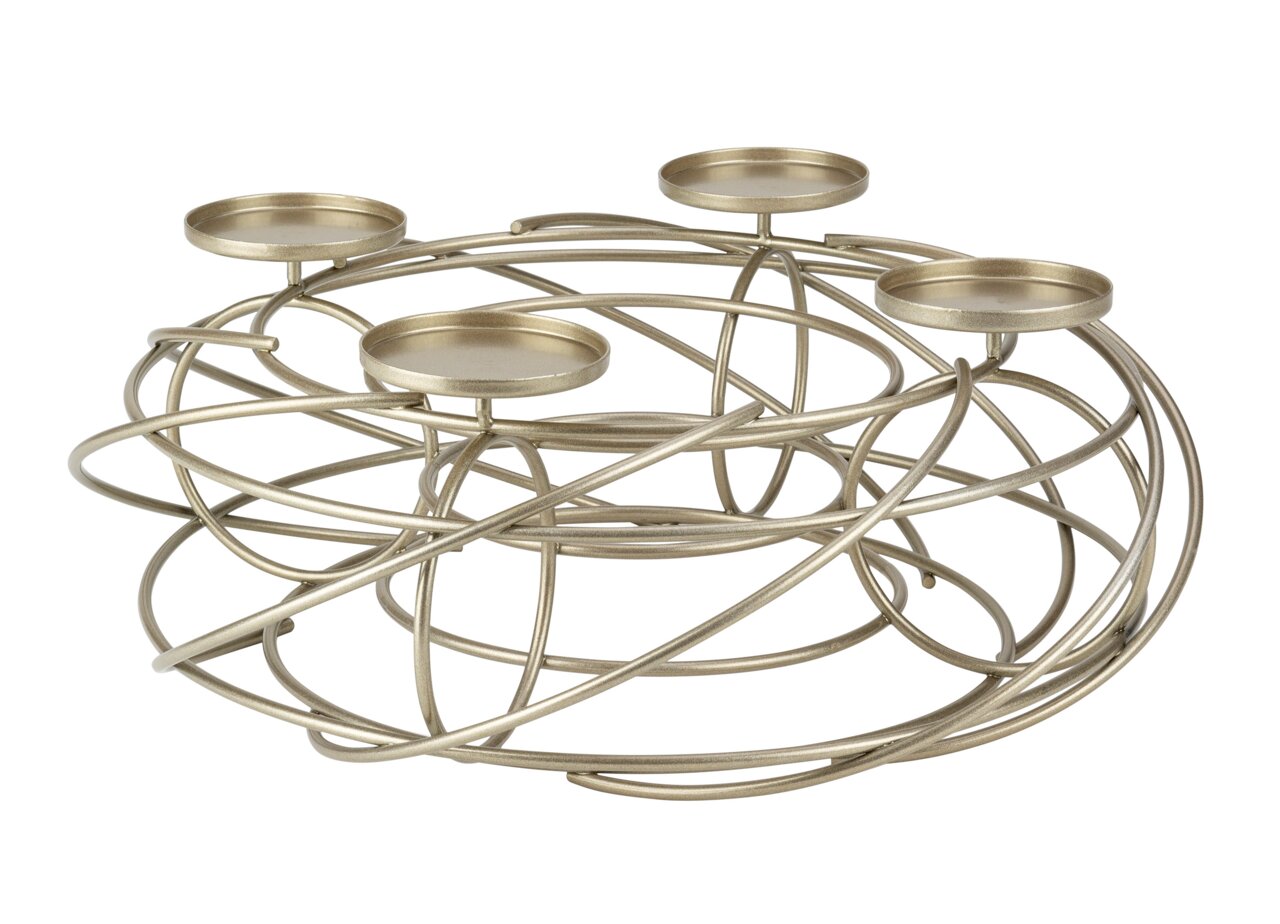 Dekorativer Kranz für 4 Kerzen in Champagnerfarbe, aus Metall mit verschlungenem Design, seitliche Perspektive.