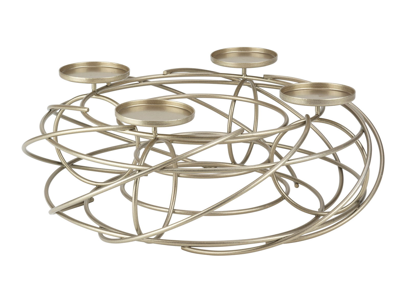 Dekorativer Kranz für 4 Kerzen in Champagnerfarbe, aus Metall mit verschlungenem Design, seitliche Perspektive.