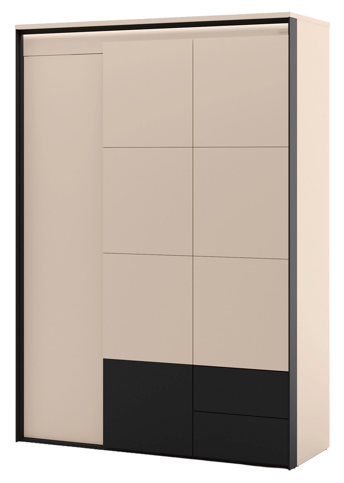 Voleo Drehtürenschrank ZAYA Moderner Kleiderschrank in Beige mit schwarzen Akzenten und Schiebetüren, Ansicht schräg von vorne rechts.