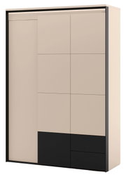 Moderne kledingkast met schuifdeuren in beige en zwart, driekwart aanzicht van voren (licht van rechts) op witte achtergrond