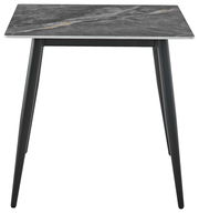 Moderner Esstisch mit grauer Marmoroptik-Tischplatte und schwarzen Metallbeinen, Frontalansicht