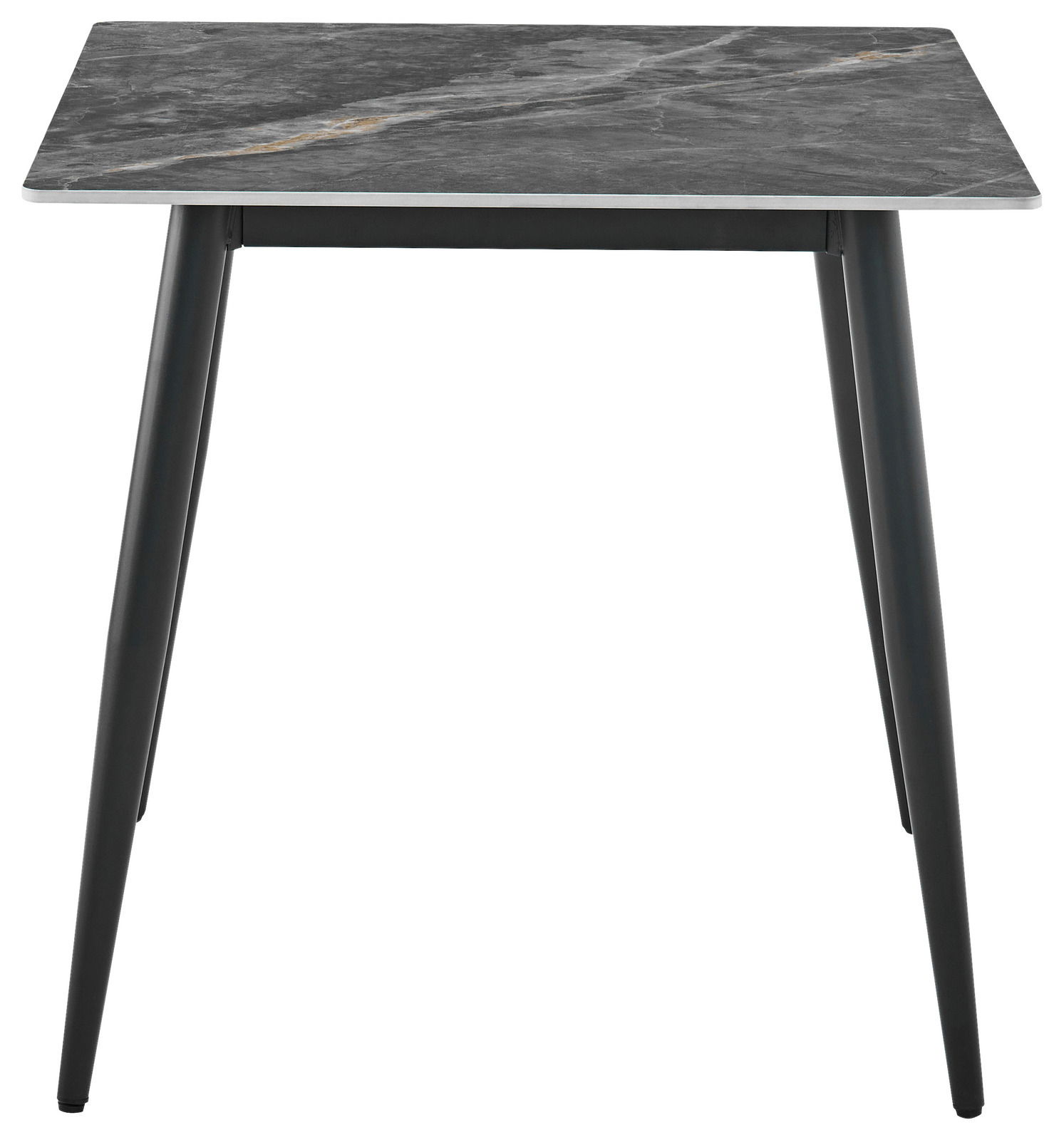 Moderner Esstisch mit grauer Marmoroptik-Tischplatte und schwarzen Metallbeinen, Frontalansicht