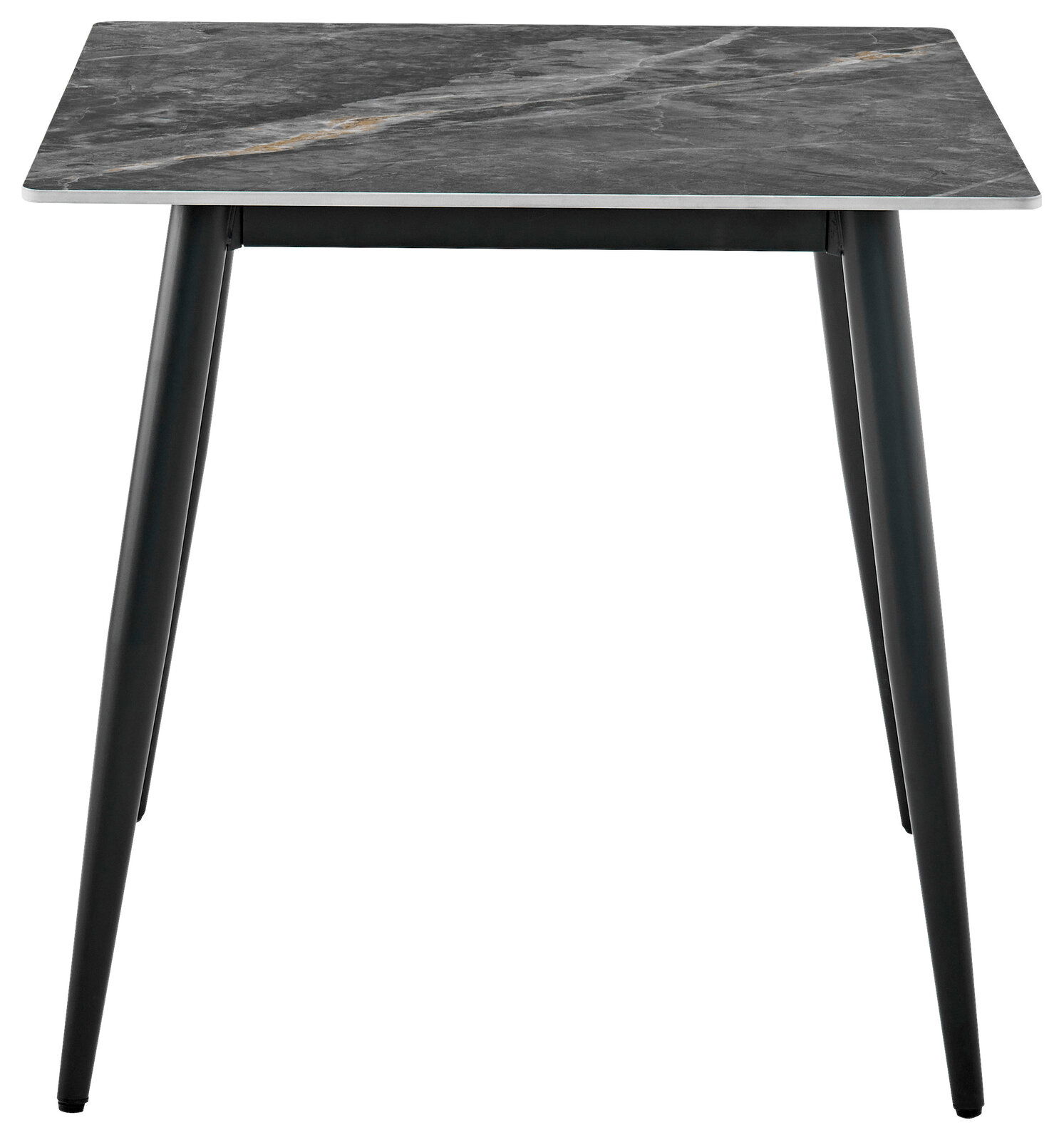 Moderner Esstisch mit grauer Marmoroptik-Tischplatte und schwarzen Metallbeinen, Frontalansicht