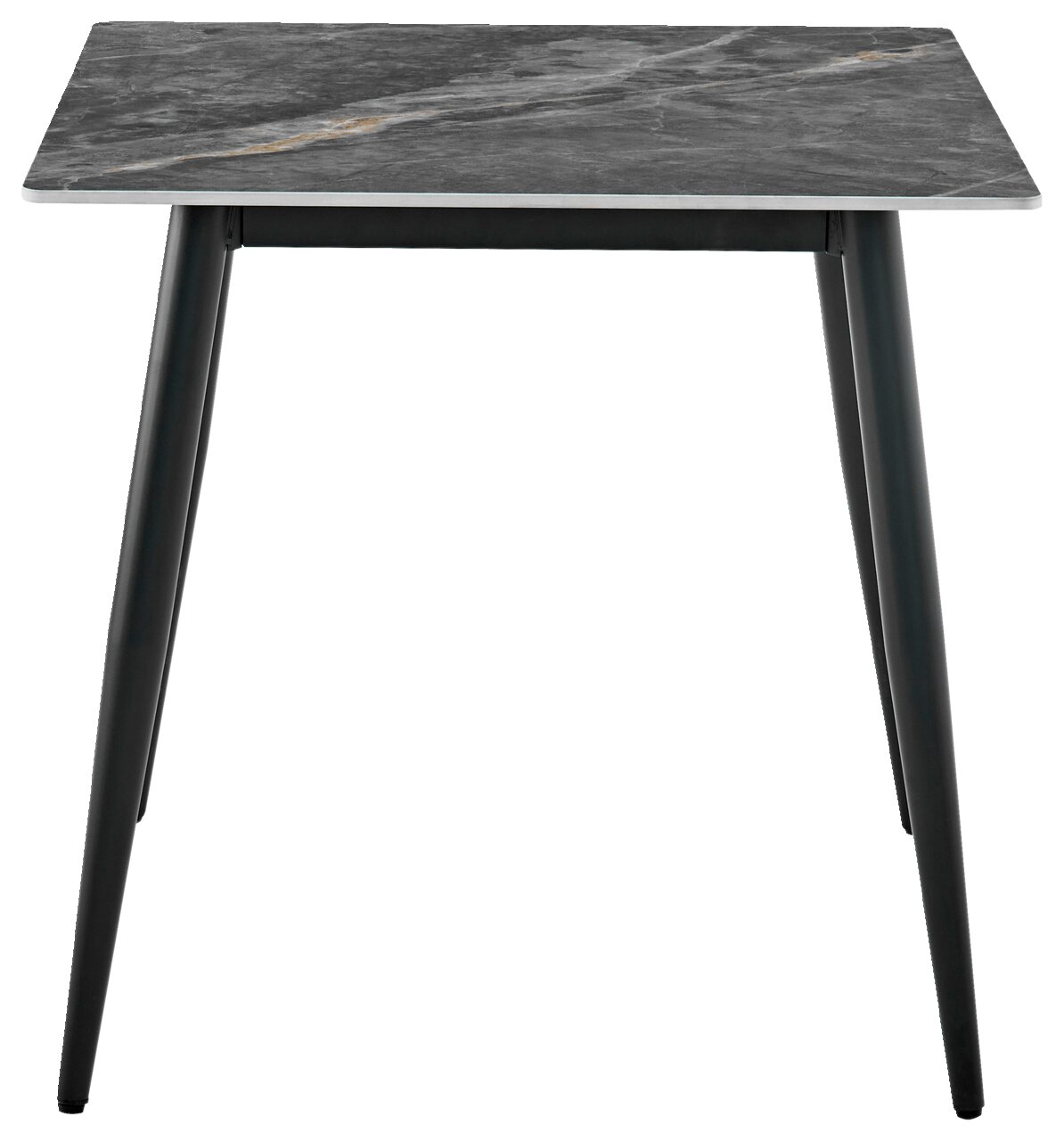 Moderner Esstisch mit grauer Marmoroptik-Tischplatte und schwarzen Metallbeinen, Frontalansicht
