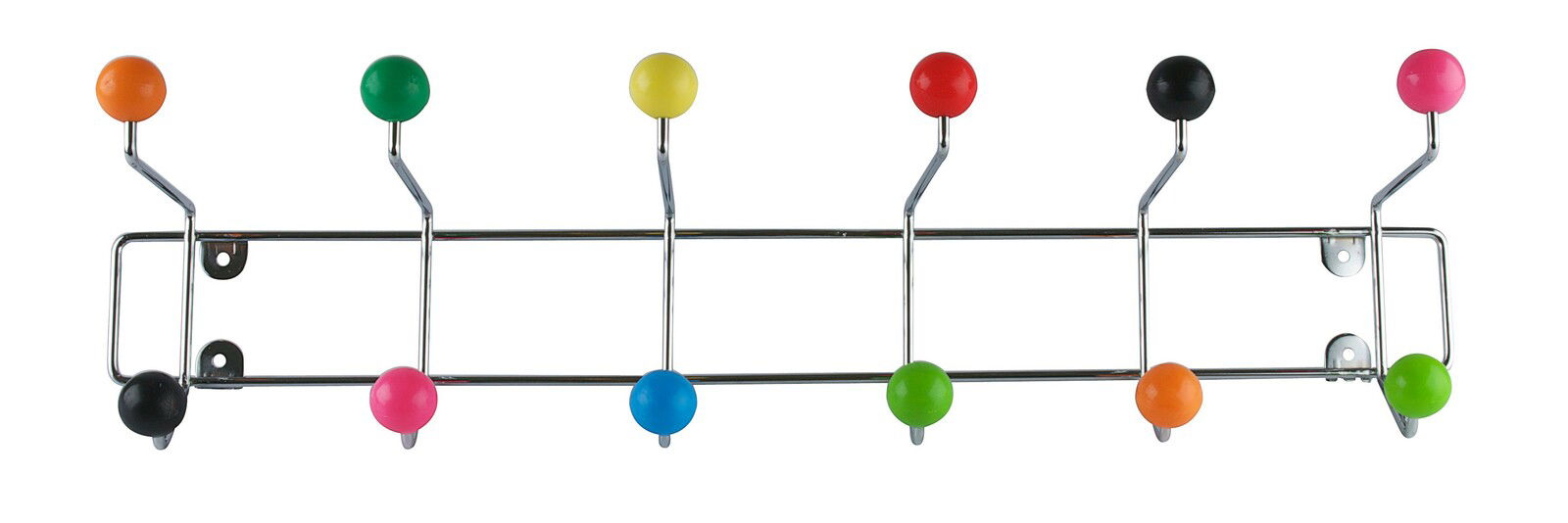 Bunte Garderobe mit mehreren Haken und farbigen Kugeln, frontal abgebildet.