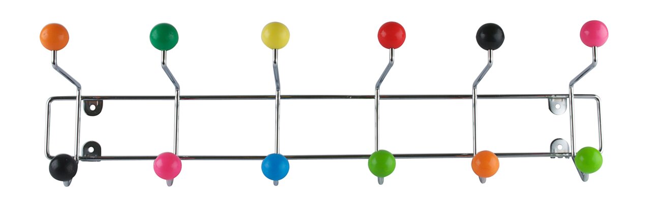 Bunte Garderobe mit mehreren Haken und farbigen Kugeln, frontal abgebildet.