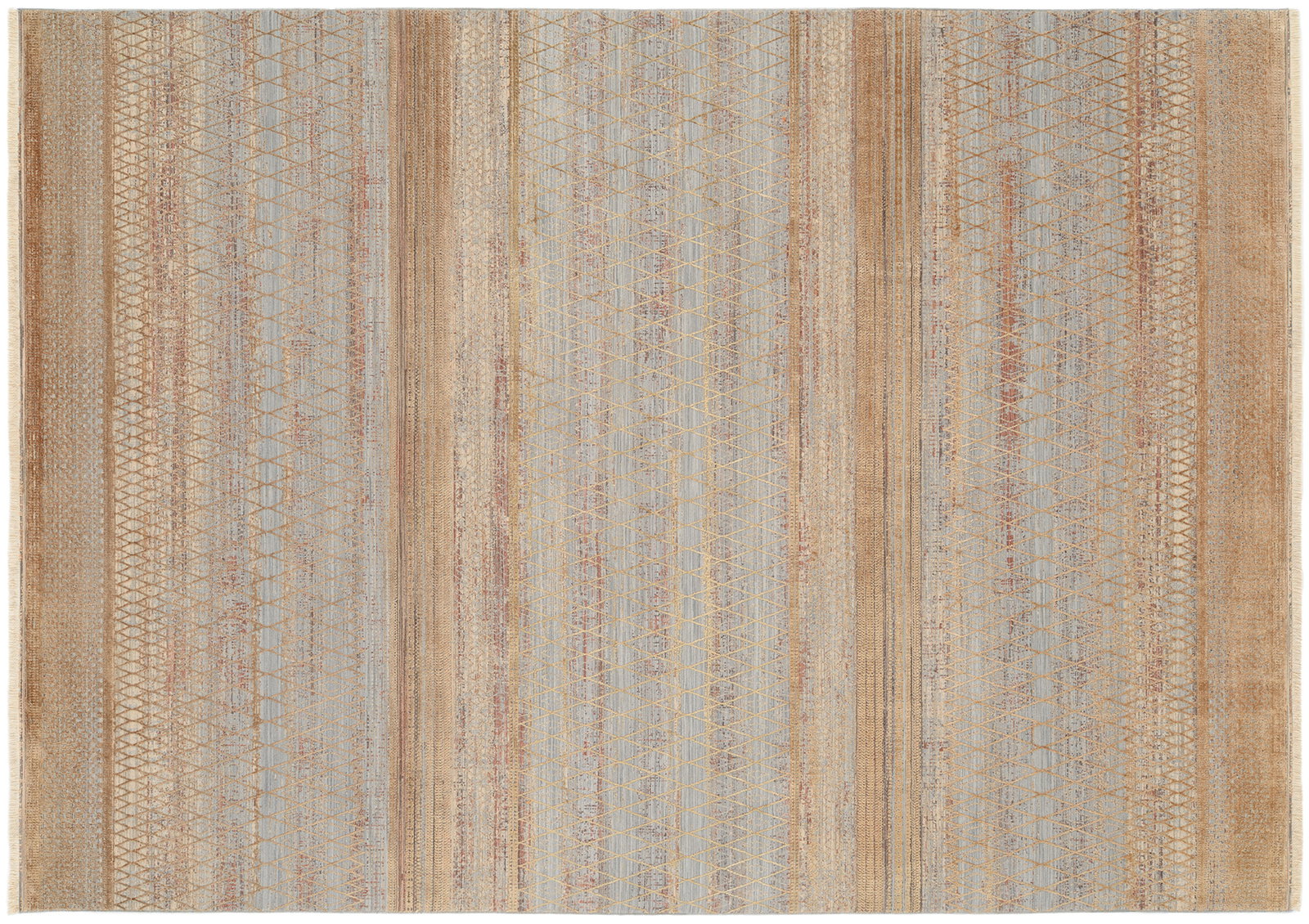 Designer Teppich mit geometrischem Muster in Beige- und Blautönen, Draufsicht