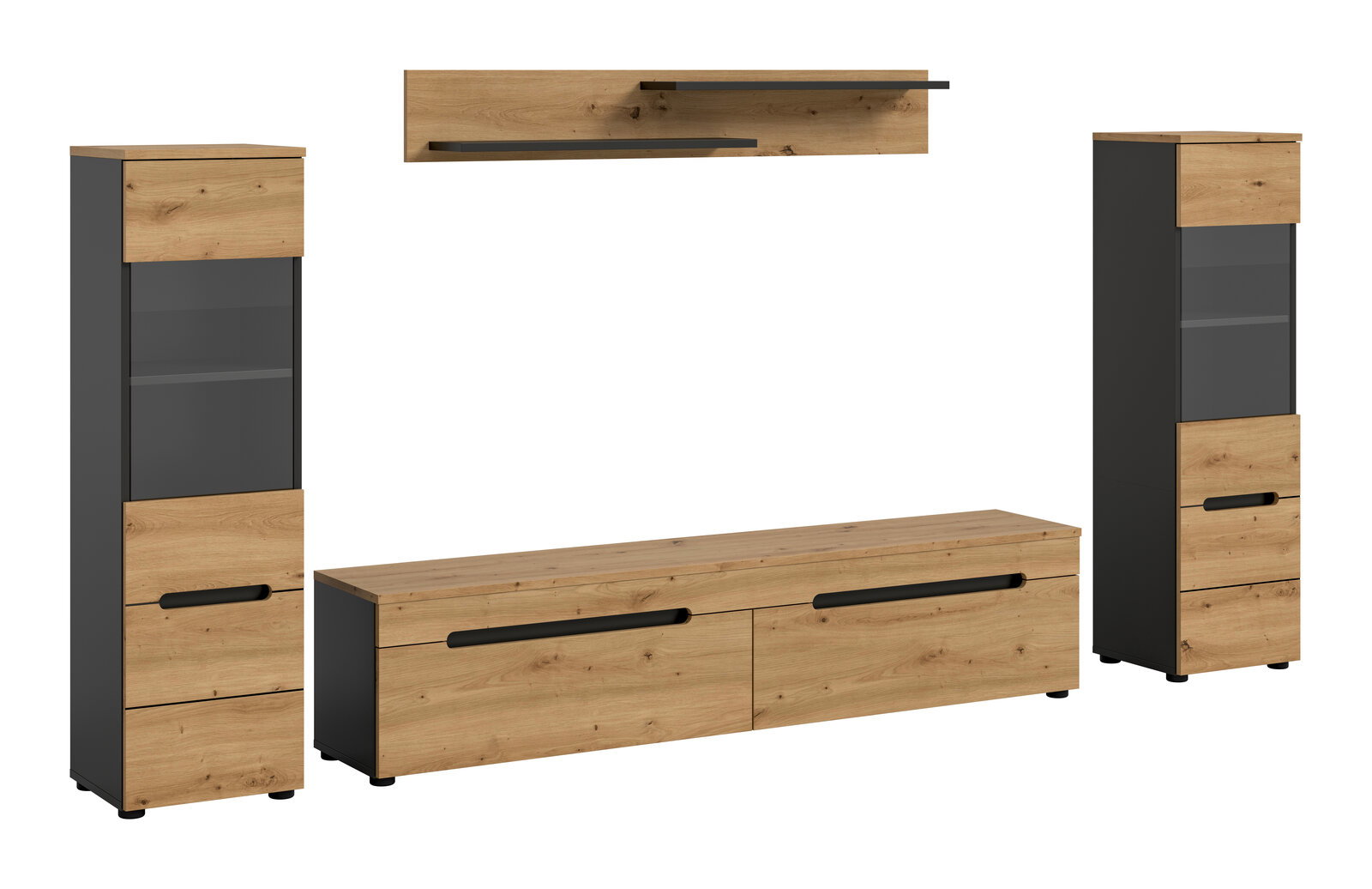 MID.YOU Wooncombinatie CANU Wohnwand-Set im modernen Industrial-Design mit TV-Lowboard, zwei hohen Vitrinenschränken und Wandboard in Eiche-Optik und Anthrazit, Frontansicht