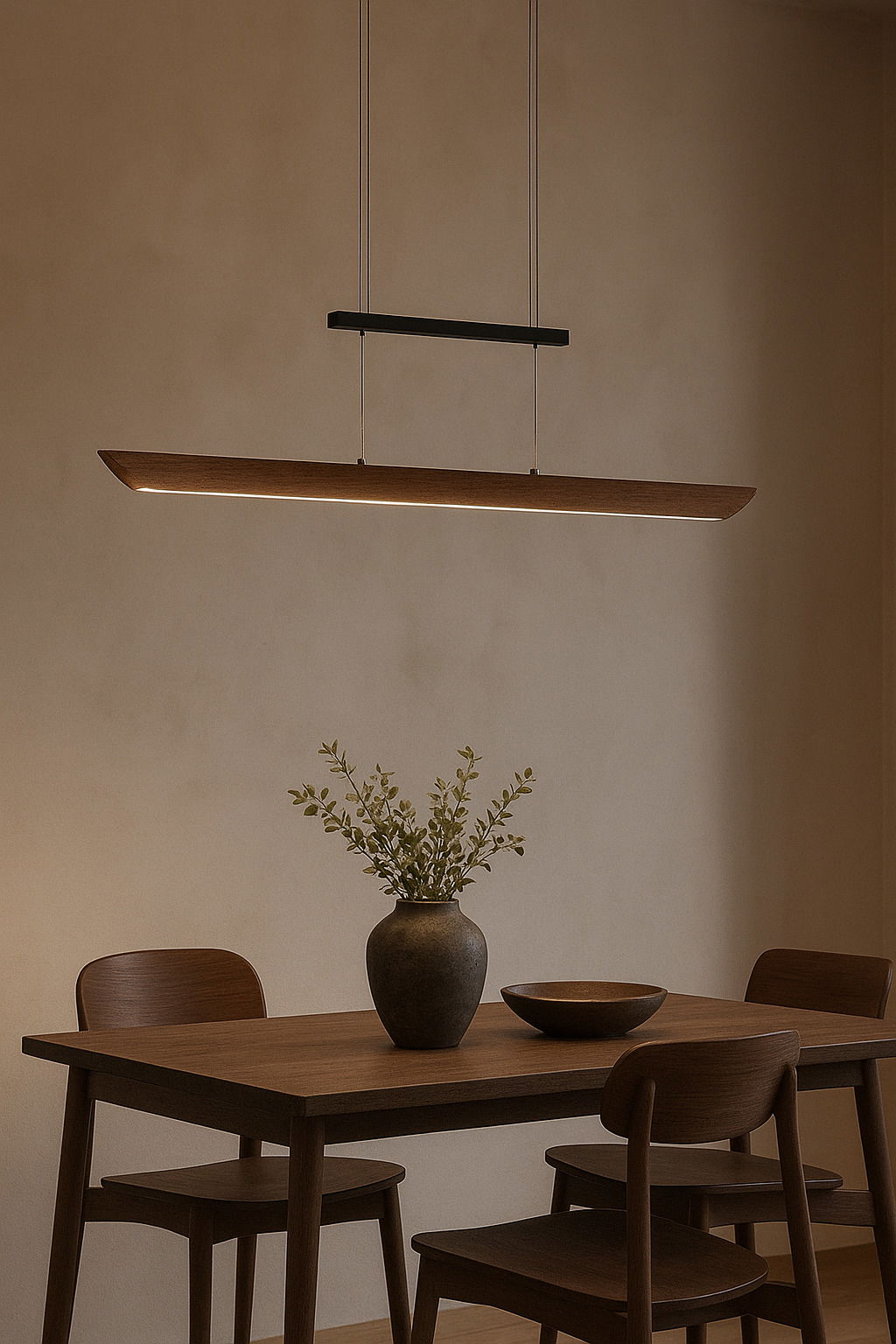 Zurbrüggen LED-hanglamp COLOMBIA Moderne LED-Pendelleuchte über einem Esstisch aus Holz, seitliche Perspektive