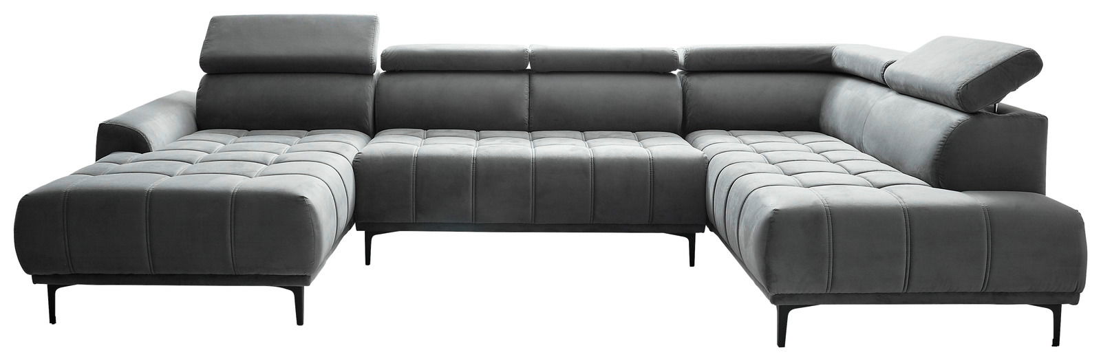 Graue Polsterrundecke in U-Form mit verstellbaren Kopfstützen, frontal betrachtet.