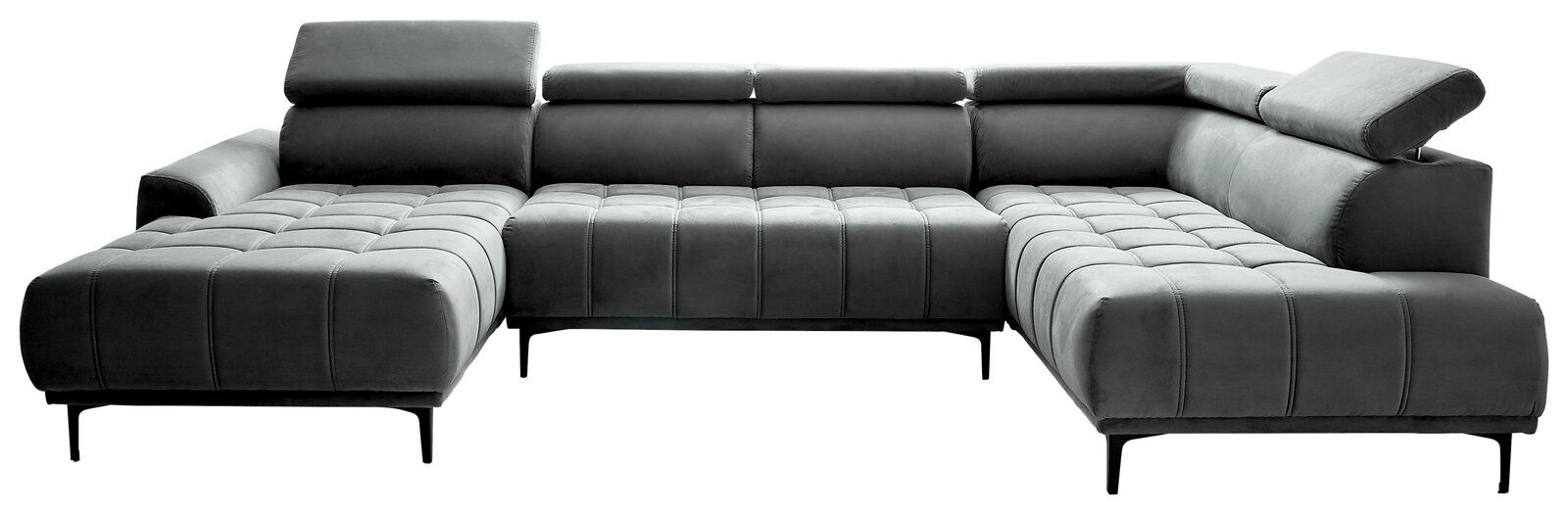 Graue Polsterrundecke in U-Form mit verstellbaren Kopfstützen, frontal betrachtet.