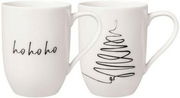 Zwei weiße Tassen mit minimalistischen Weihnachtsmotiven, eine mit 'ho ho ho' Schriftzug und die andere mit einem stilisierten Weihnachtsbaum, seitliche Perspektive.