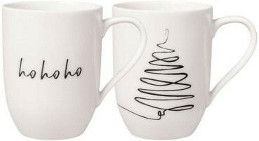 Zwei weiße Tassen mit minimalistischen Weihnachtsmotiven, eine mit 'ho ho ho' Schriftzug und die andere mit einem stilisierten Weihnachtsbaum, seitliche Perspektive.