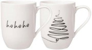 Zwei weiße Tassen mit minimalistischen Weihnachtsmotiven, eine mit 'ho ho ho' Schriftzug und die andere mit einem stilisierten Weihnachtsbaum, seitliche Perspektive.