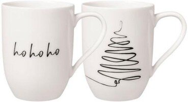 Zwei weiße Tassen mit minimalistischen Weihnachtsmotiven, eine mit 'ho ho ho' Schriftzug und die andere mit einem stilisierten Weihnachtsbaum, seitliche Perspektive.